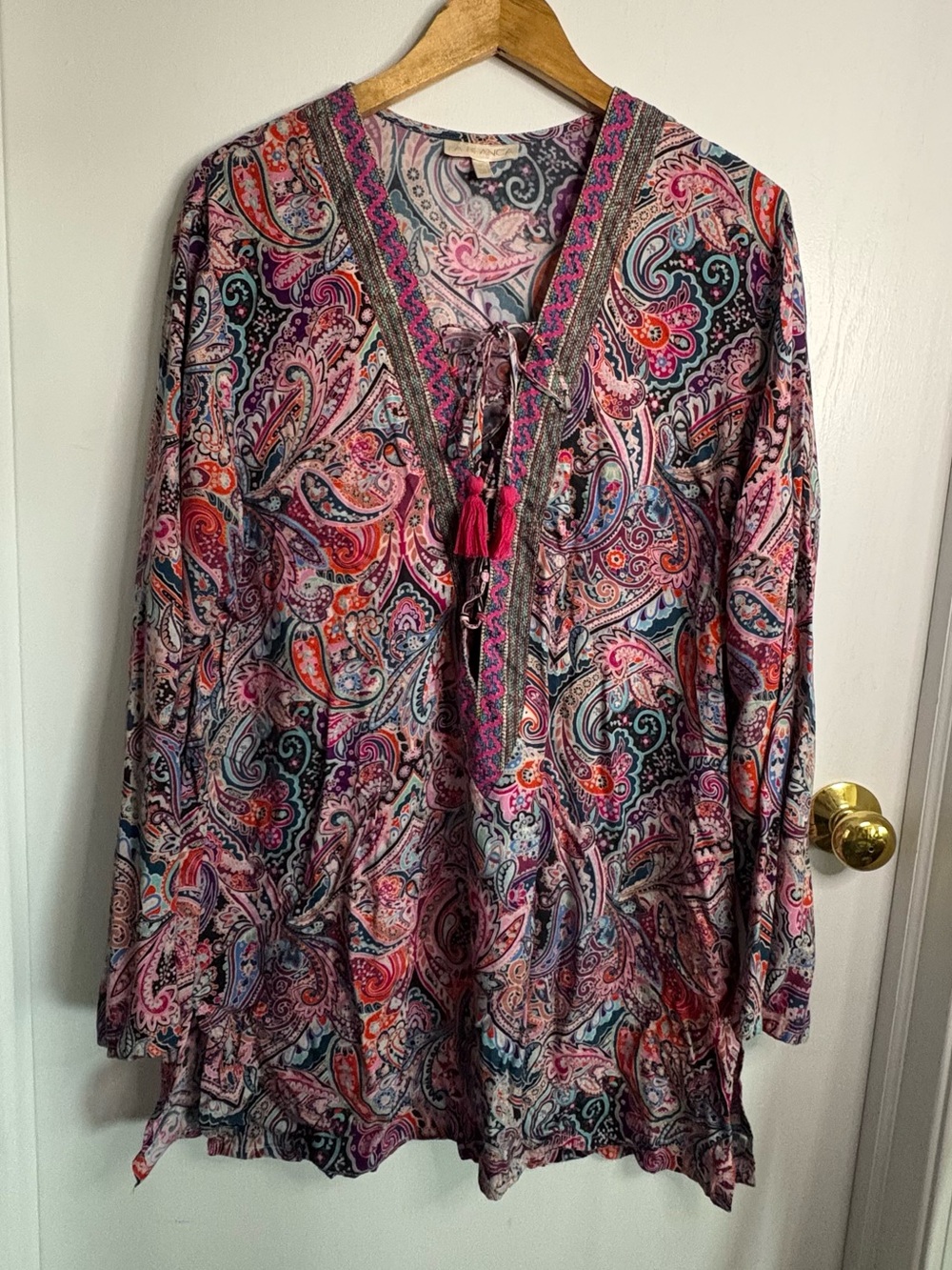 La Blanca Sz L Paisley V-Neck Tassel Tunic/CoverUp Beachy Resort Cruise Boho